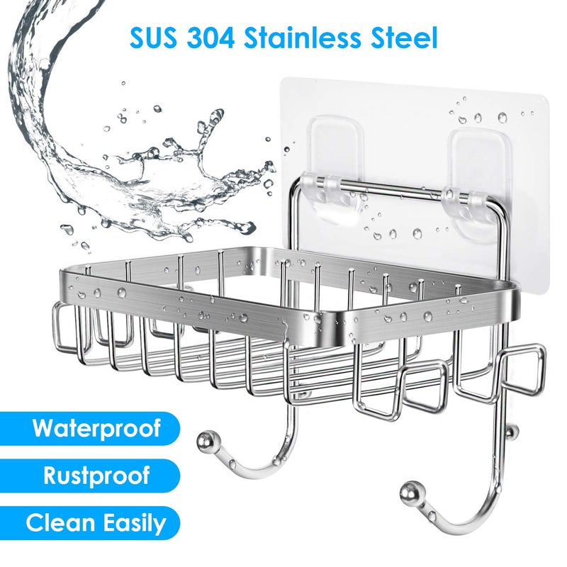 ODesign Soap Dish Holder SUS304 Stainless Steel with 6 Hooks Loofah Bath Sponge Towel Razor Holder for Bathroom Shower Kitchen Adhesive Wall Mounted No Drilling-Silver-1 Pack - Image 5